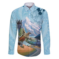 New Zealand South Island Family Matching Summer Maxi Dress and Hawaiian Shirt Te Waipounamu Aoraki Kea Bird LT14 Dad's Shirt - Long Sleeve Blue - Polynesian Pride