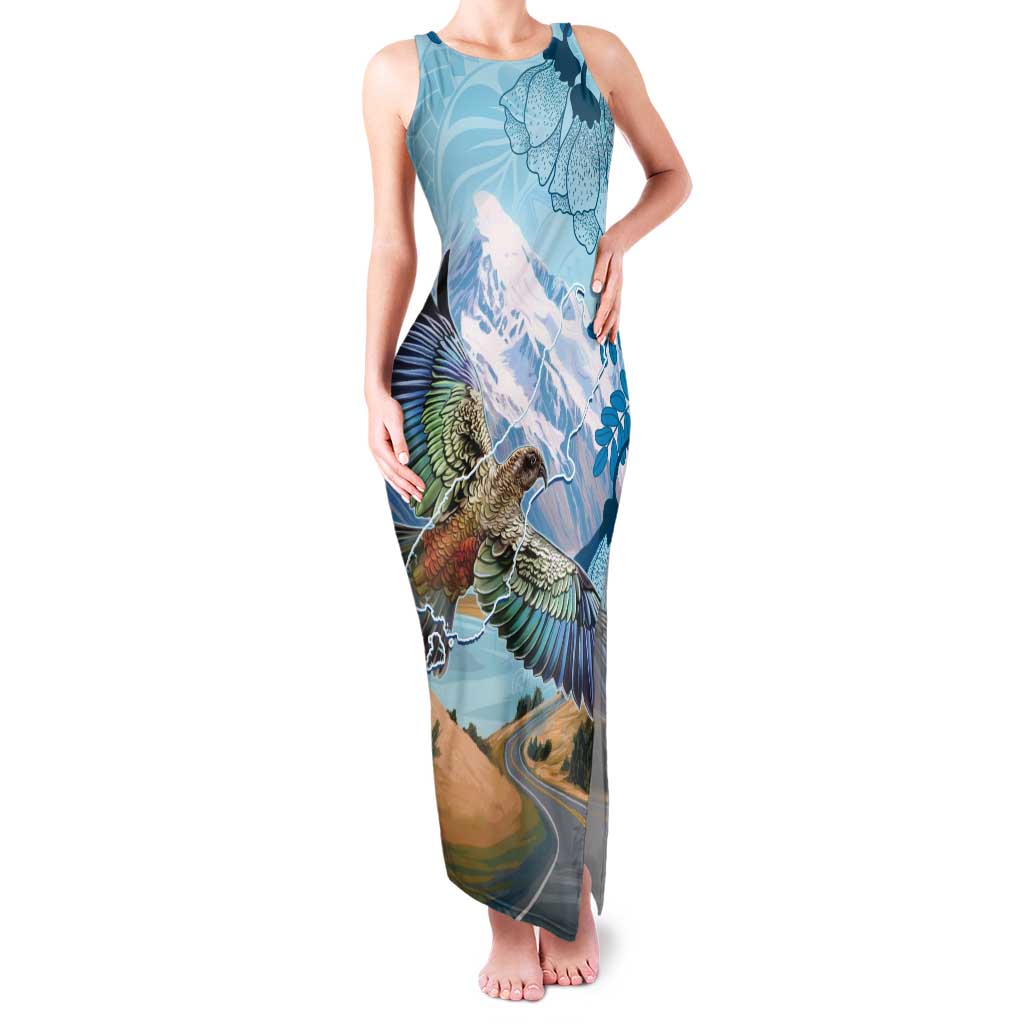 New Zealand South Island Family Matching Tank Maxi Dress and Hawaiian Shirt Te Waipounamu Aoraki Kea Bird LT14 Mom's Dress Blue - Polynesian Pride