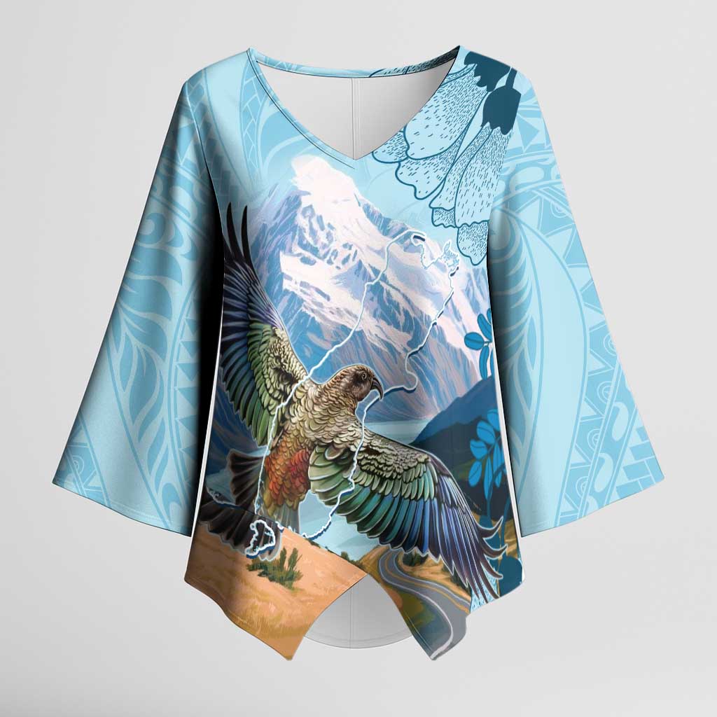 New Zealand South Island Kimono Sleeve Blouse Te Waipounamu Aoraki Kea Bird - Polynesian Pride