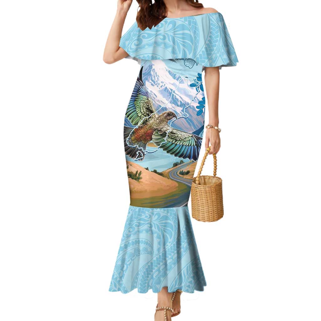 New Zealand South Island Mermaid Dress Te Waipounamu Aoraki Kea Bird LT14 Women Blue - Polynesian Pride