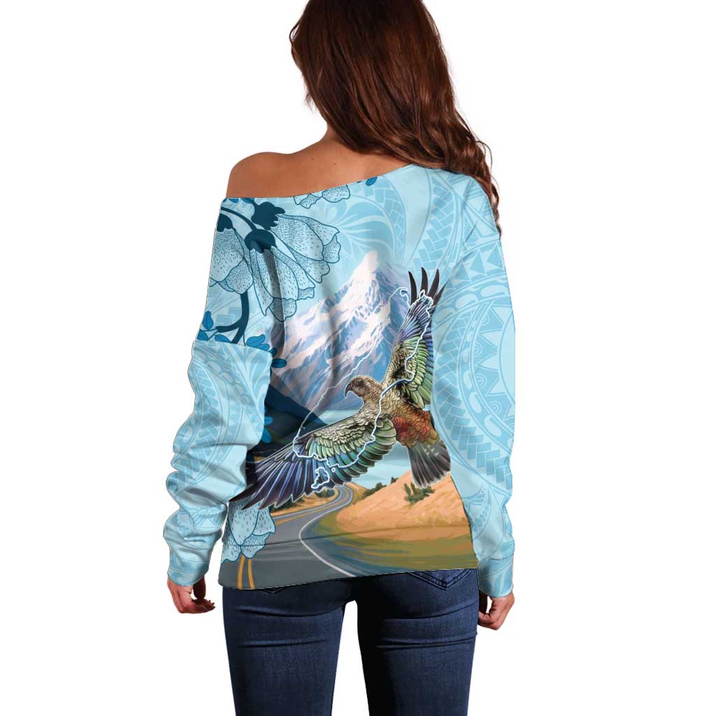 New Zealand South Island Off Shoulder Sweater Te Waipounamu Aoraki Kea Bird