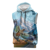 New Zealand South Island Sleeveless Hoodie Te Waipounamu Aoraki Kea Bird LT14 Blue - Polynesian Pride