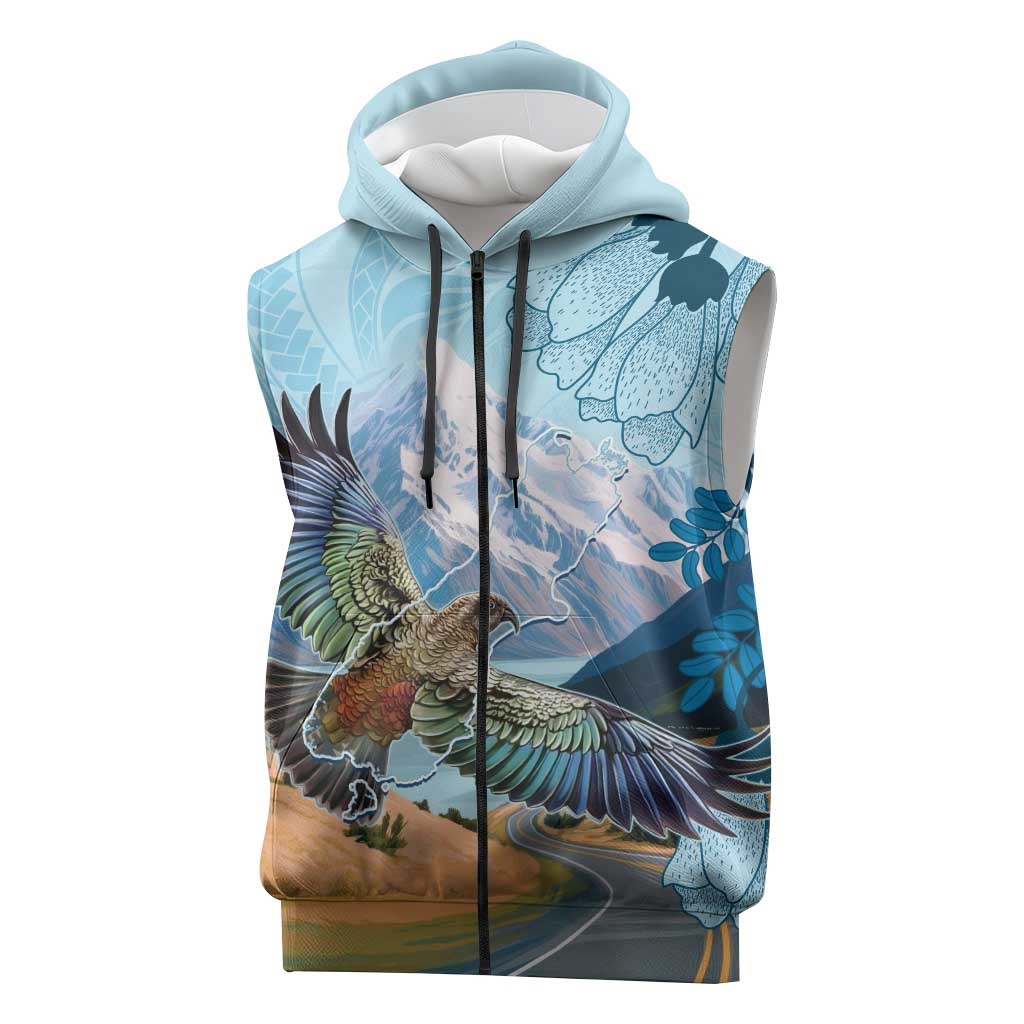 New Zealand South Island Sleeveless Zip Hoodie Te Waipounamu Aoraki Kea Bird LT14 Blue - Polynesian Pride