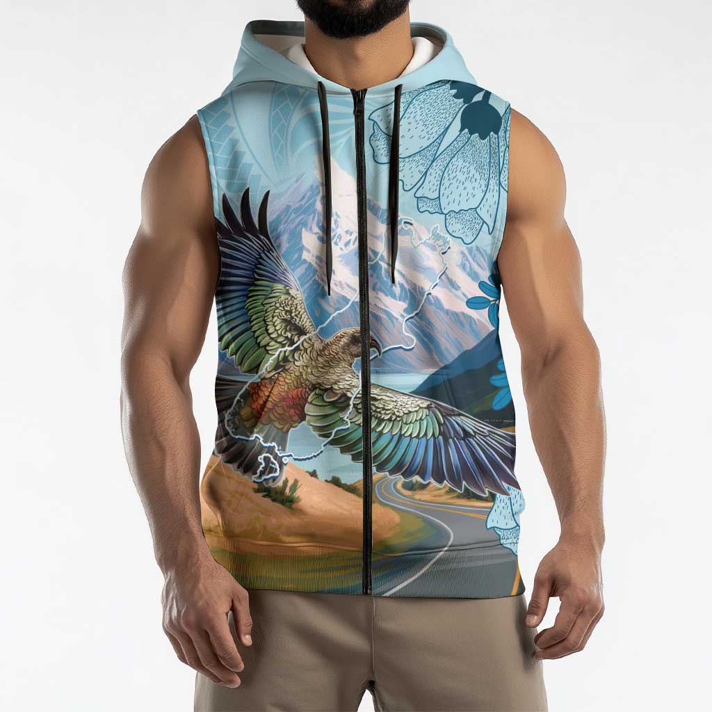 New Zealand South Island Sleeveless Zip Hoodie Te Waipounamu Aoraki Kea Bird LT14 - Polynesian Pride