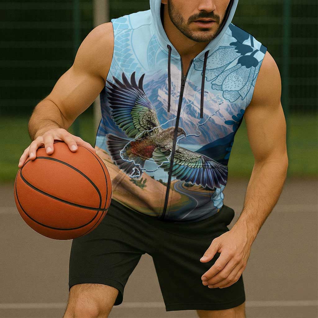 New Zealand South Island Sleeveless Zip Hoodie Te Waipounamu Aoraki Kea Bird LT14 - Polynesian Pride