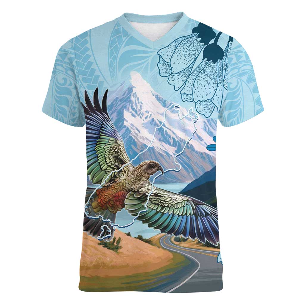 New Zealand South Island Women V-Neck T-Shirt Te Waipounamu Aoraki Kea Bird