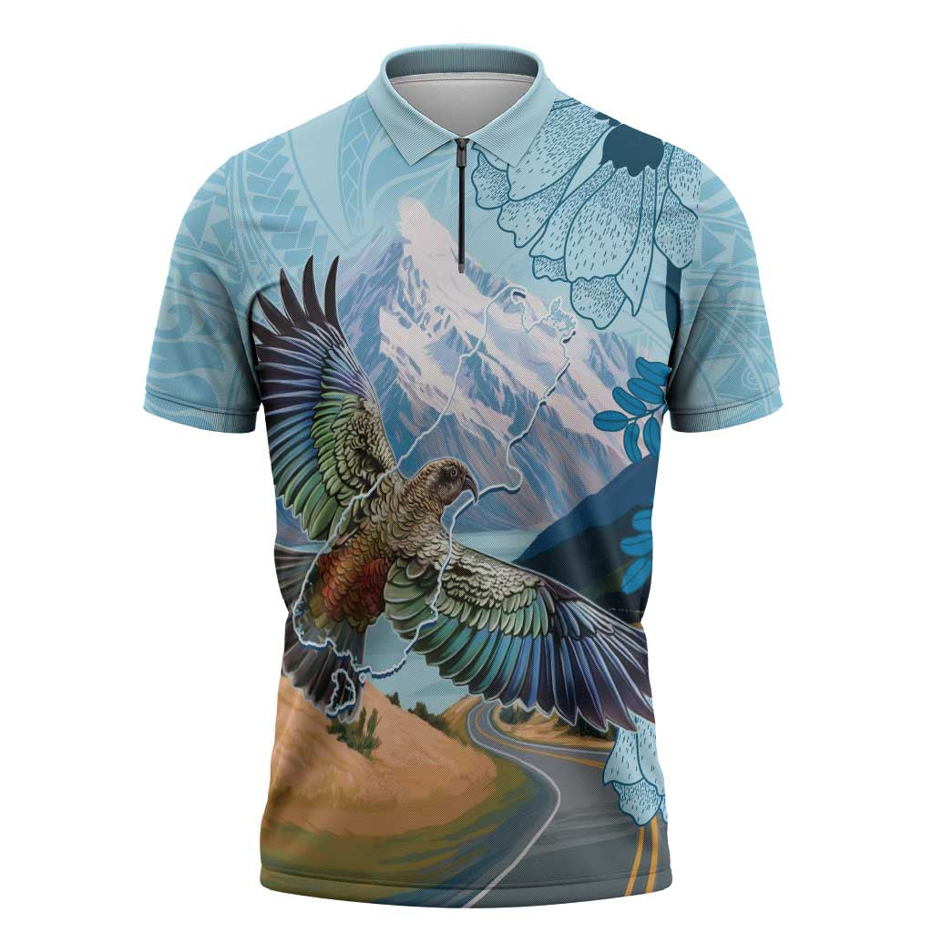 New Zealand South Island Zipper Polo Shirt Te Waipounamu Aoraki Kea Bird LT14 Blue - Polynesian Pride