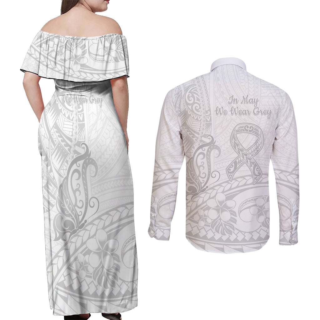 Polynesia Brain Cancer Awareness Couples Matching Off Shoulder Maxi Dress and Long Sleeve Button Shirt In May We Wear Grey