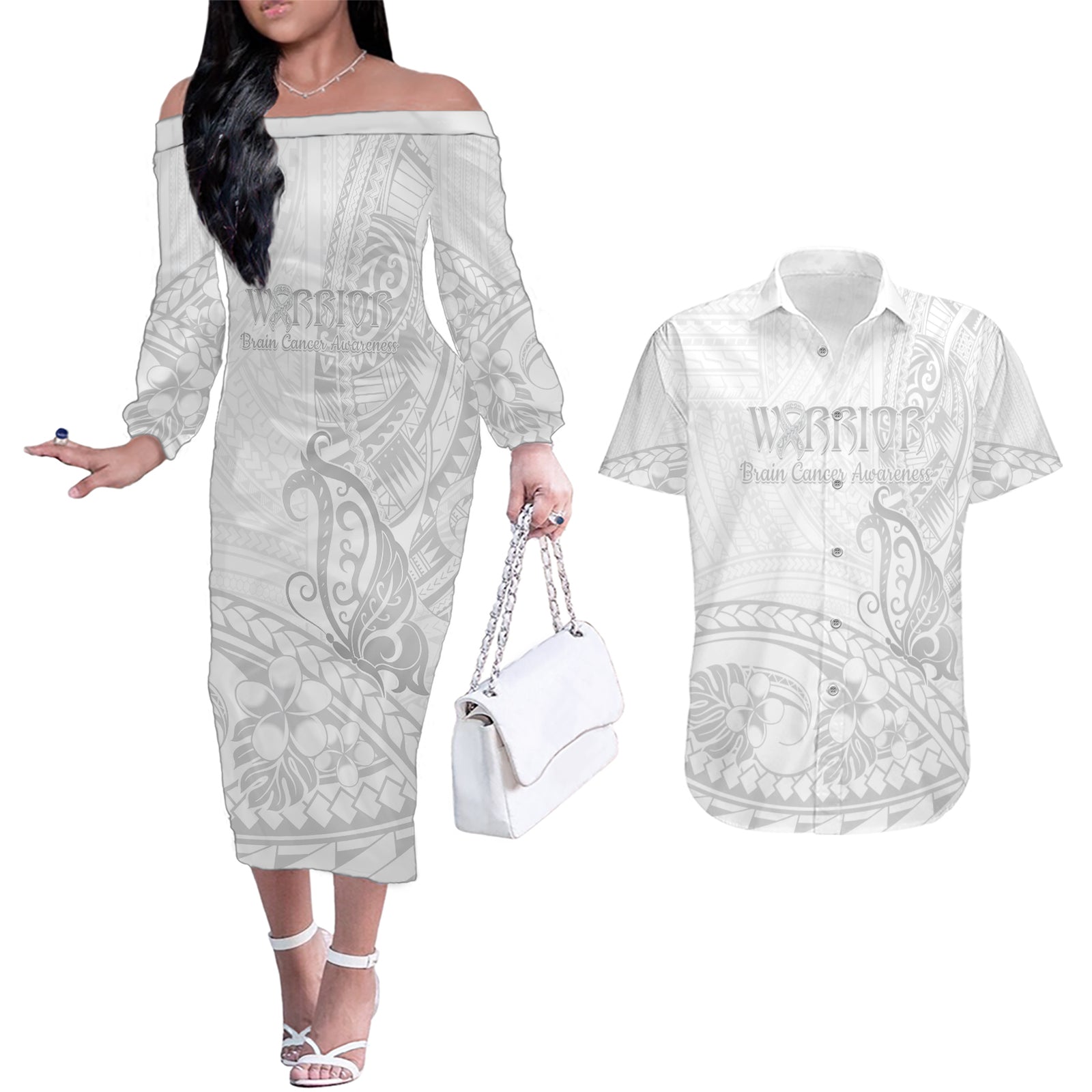Polynesia Brain Cancer Awareness Couples Matching Off The Shoulder Long Sleeve Dress and Hawaiian Shirt In May We Wear Grey
