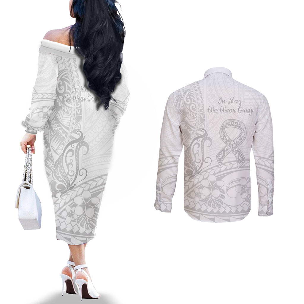 Polynesia Brain Cancer Awareness Couples Matching Off The Shoulder Long Sleeve Dress and Long Sleeve Button Shirt In May We Wear Grey