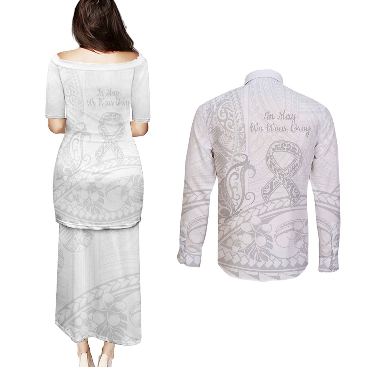 Polynesia Brain Cancer Awareness Couples Matching Puletasi and Long Sleeve Button Shirt In May We Wear Grey LT14 - Polynesian Pride