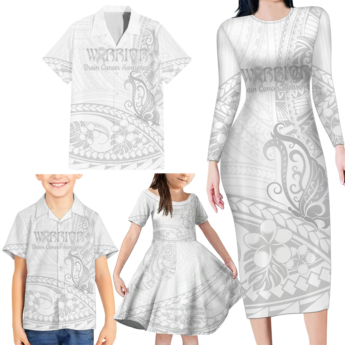 Polynesia Brain Cancer Awareness Family Matching Long Sleeve Bodycon Dress and Hawaiian Shirt In May We Wear Grey LT14 - Polynesian Pride