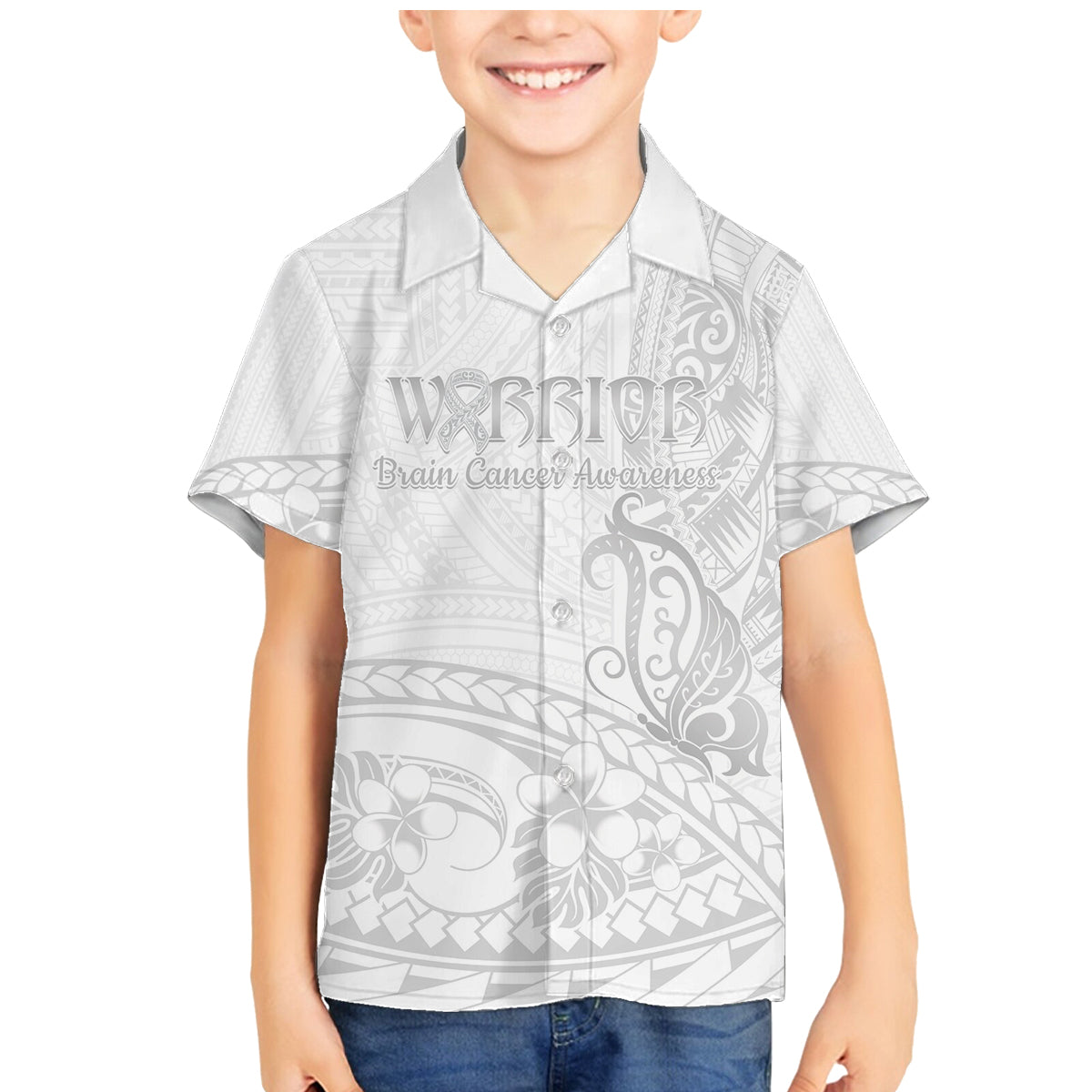 Polynesia Brain Cancer Awareness Family Matching Mermaid Dress and Hawaiian Shirt In May We Wear Grey LT14 Son's Shirt White - Polynesian Pride