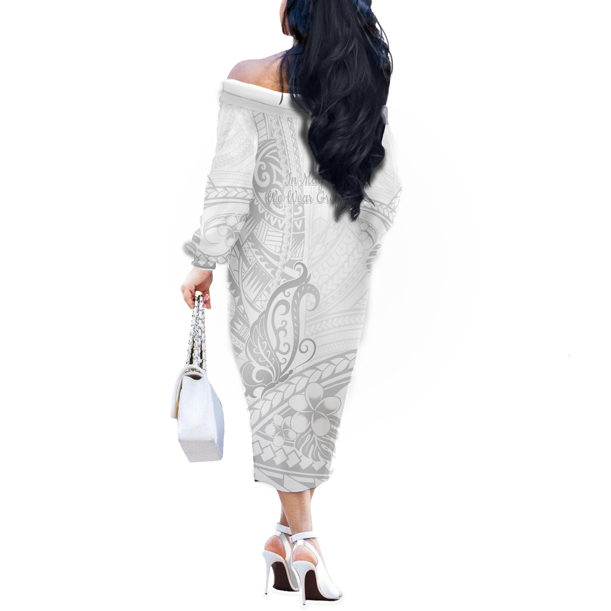 Polynesia Brain Cancer Awareness Off The Shoulder Long Sleeve Dress In May We Wear Grey