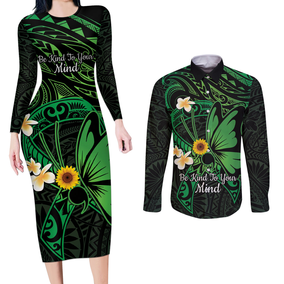 Polynesia Mental Health Awareness Couples Matching Long Sleeve Bodycon Dress and Long Sleeve Button Shirt Green Ribbon Be Kind To Your Mind LT14 Green - Polynesian Pride