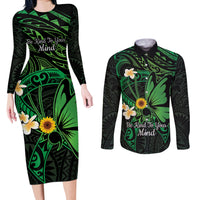 Polynesia Mental Health Awareness Couples Matching Long Sleeve Bodycon Dress and Long Sleeve Button Shirt Green Ribbon Be Kind To Your Mind LT14 Green - Polynesian Pride