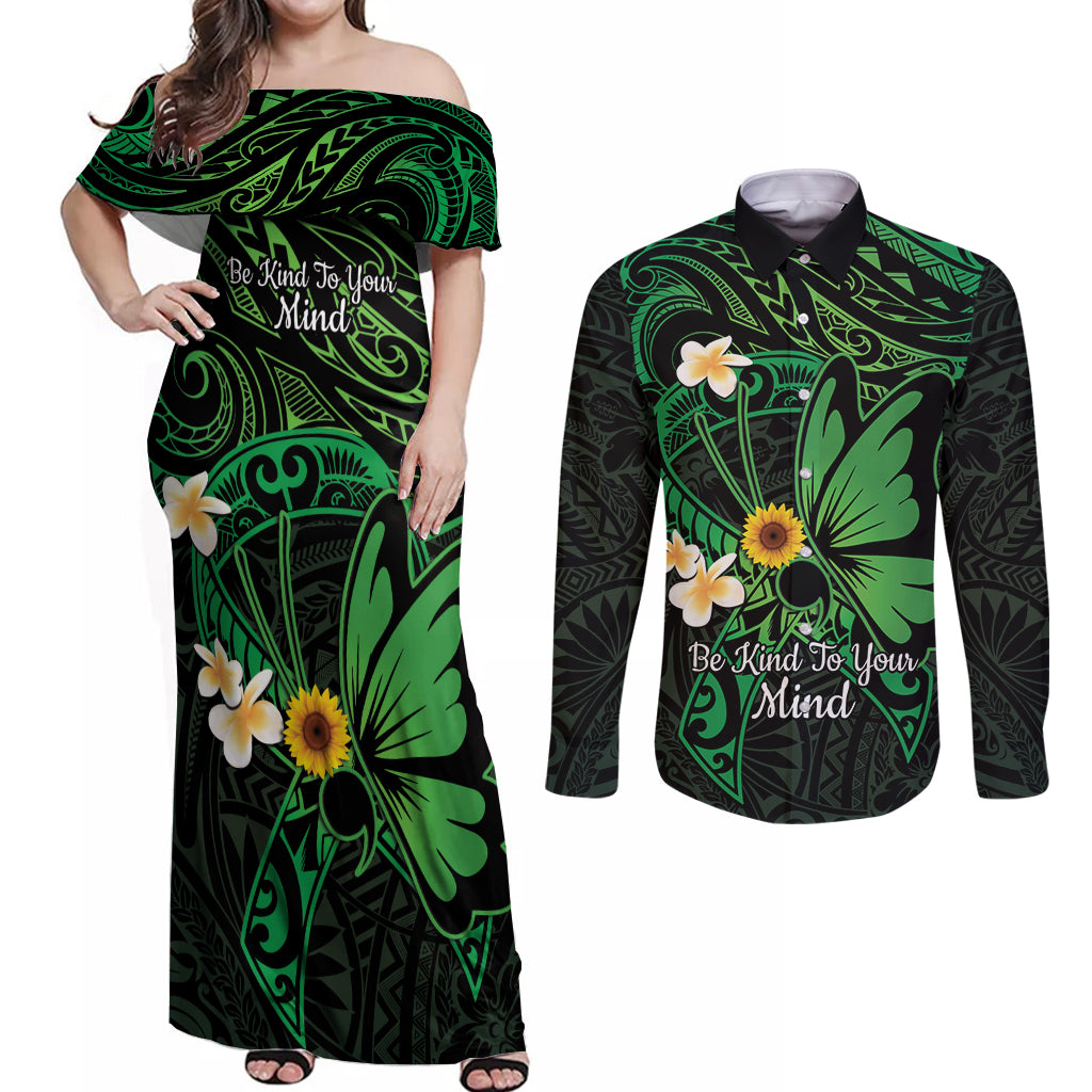 Polynesia Mental Health Awareness Couples Matching Off Shoulder Maxi Dress and Long Sleeve Button Shirt Green Ribbon Be Kind To Your Mind LT14 Green - Polynesian Pride