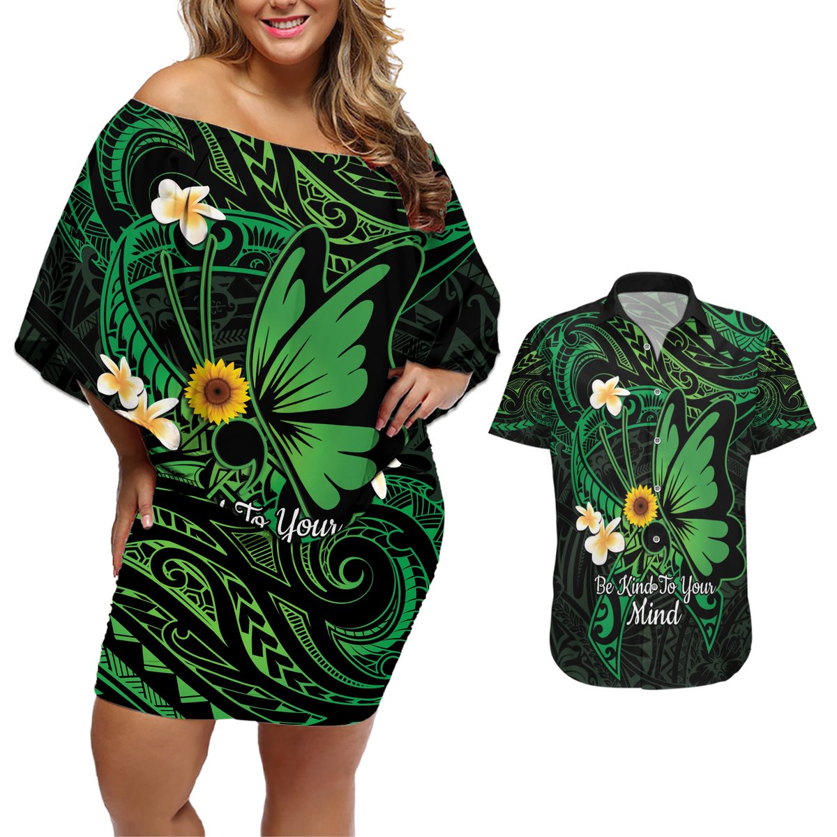 Polynesia Mental Health Awareness Couples Matching Off Shoulder Short Dress and Hawaiian Shirt Green Ribbon Be Kind To Your Mind LT14 Green - Polynesian Pride