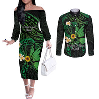 Polynesia Mental Health Awareness Couples Matching Off The Shoulder Long Sleeve Dress and Long Sleeve Button Shirt Green Ribbon Be Kind To Your Mind LT14 Green - Polynesian Pride