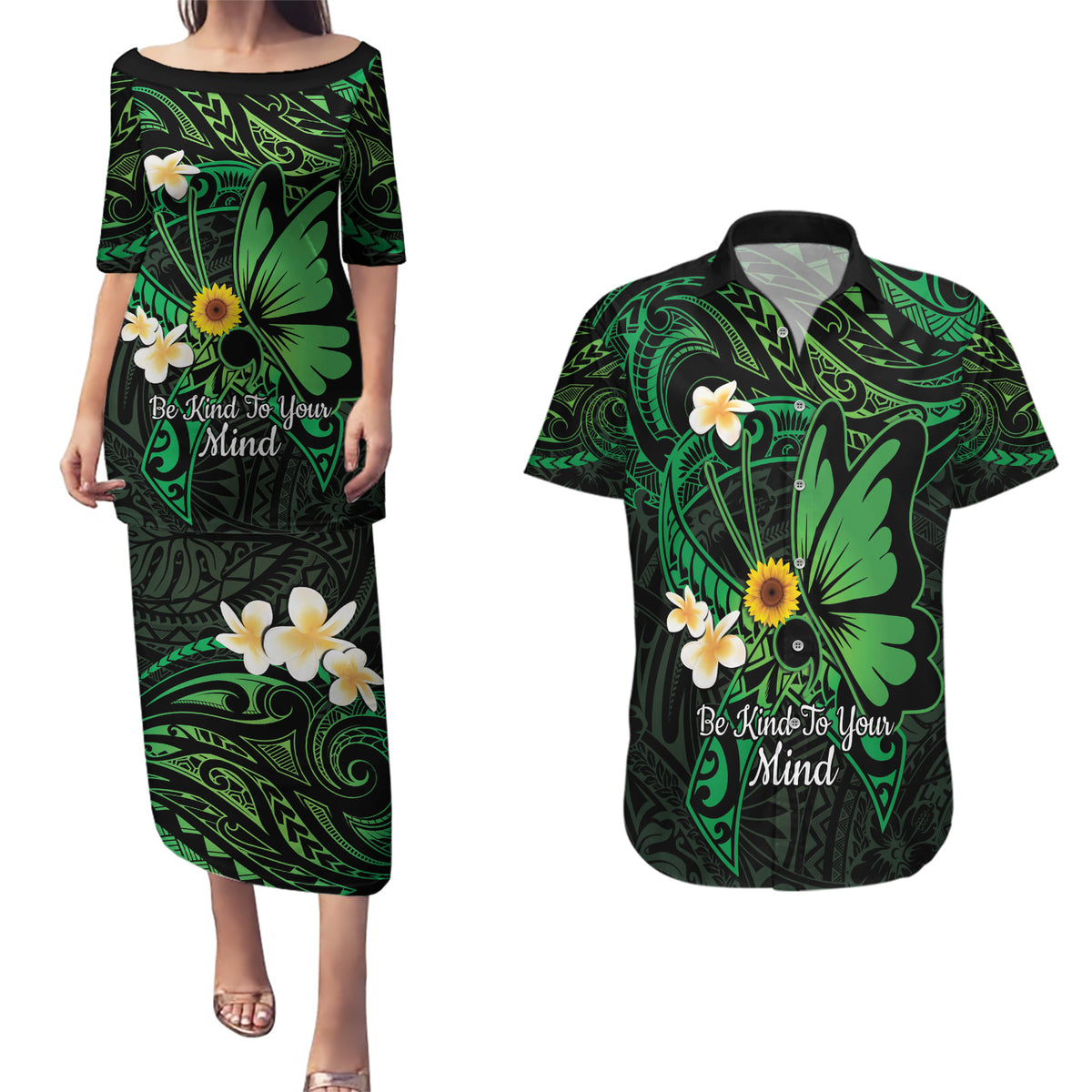 Polynesia Mental Health Awareness Couples Matching Puletasi and Hawaiian Shirt Green Ribbon Be Kind To Your Mind