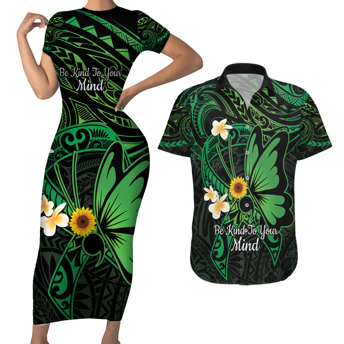 Polynesia Mental Health Awareness Couples Matching Short Sleeve Bodycon Dress and Hawaiian Shirt Green Ribbon Be Kind To Your Mind LT14 Green - Polynesian Pride