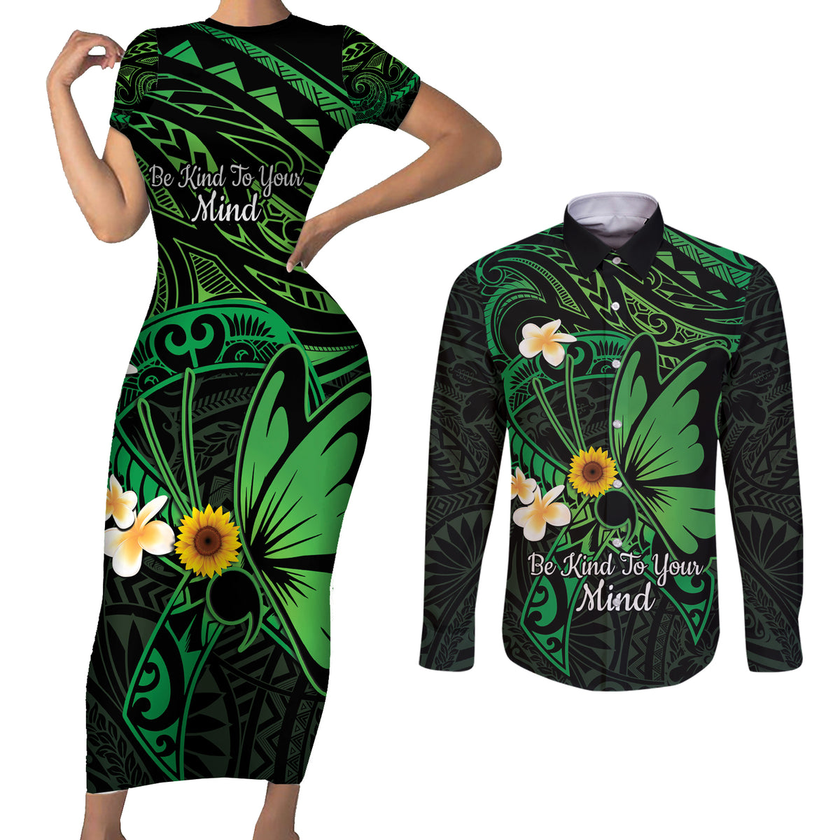 Polynesia Mental Health Awareness Couples Matching Short Sleeve Bodycon Dress and Long Sleeve Button Shirt Green Ribbon Be Kind To Your Mind LT14 Green - Polynesian Pride
