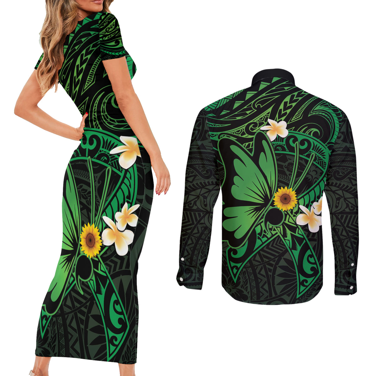 Polynesia Mental Health Awareness Couples Matching Short Sleeve Bodycon Dress and Long Sleeve Button Shirt Green Ribbon Be Kind To Your Mind LT14 - Polynesian Pride
