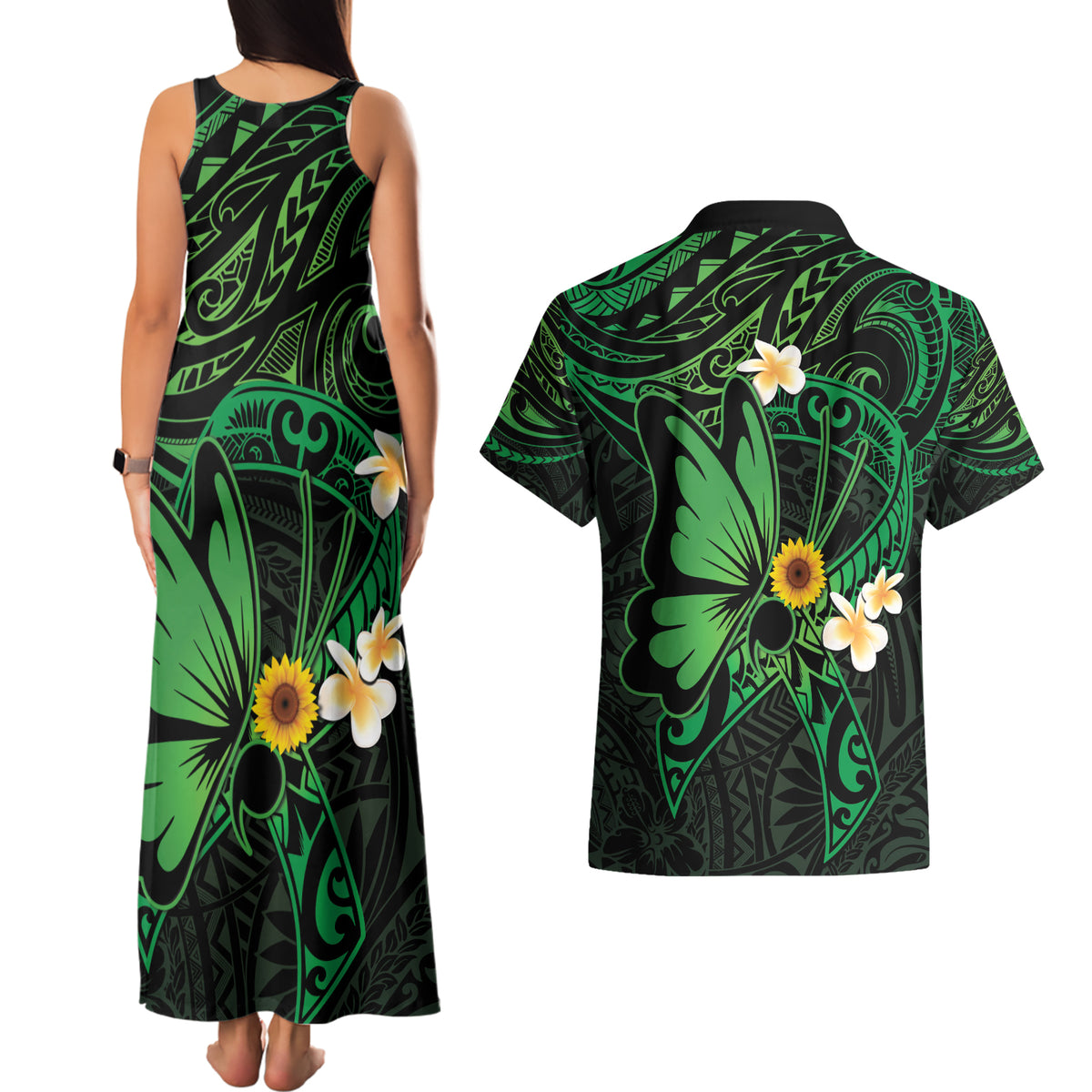 Polynesia Mental Health Awareness Couples Matching Tank Maxi Dress and Hawaiian Shirt Green Ribbon Be Kind To Your Mind LT14 - Polynesian Pride