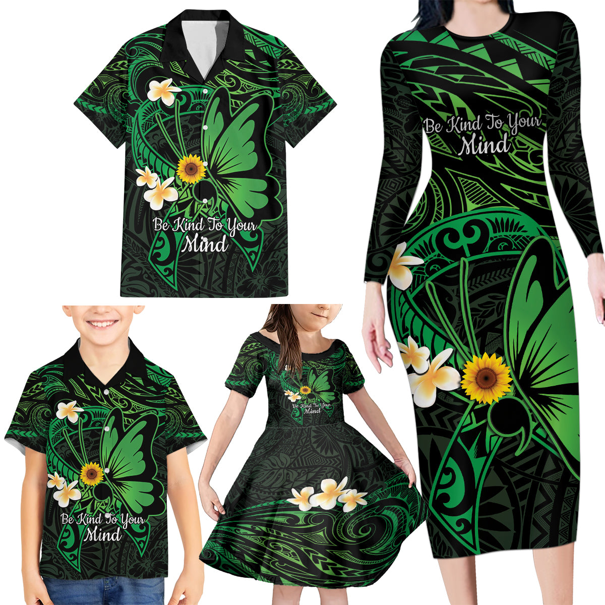Polynesia Mental Health Awareness Family Matching Long Sleeve Bodycon Dress and Hawaiian Shirt Green Ribbon Be Kind To Your Mind LT14 - Polynesian Pride