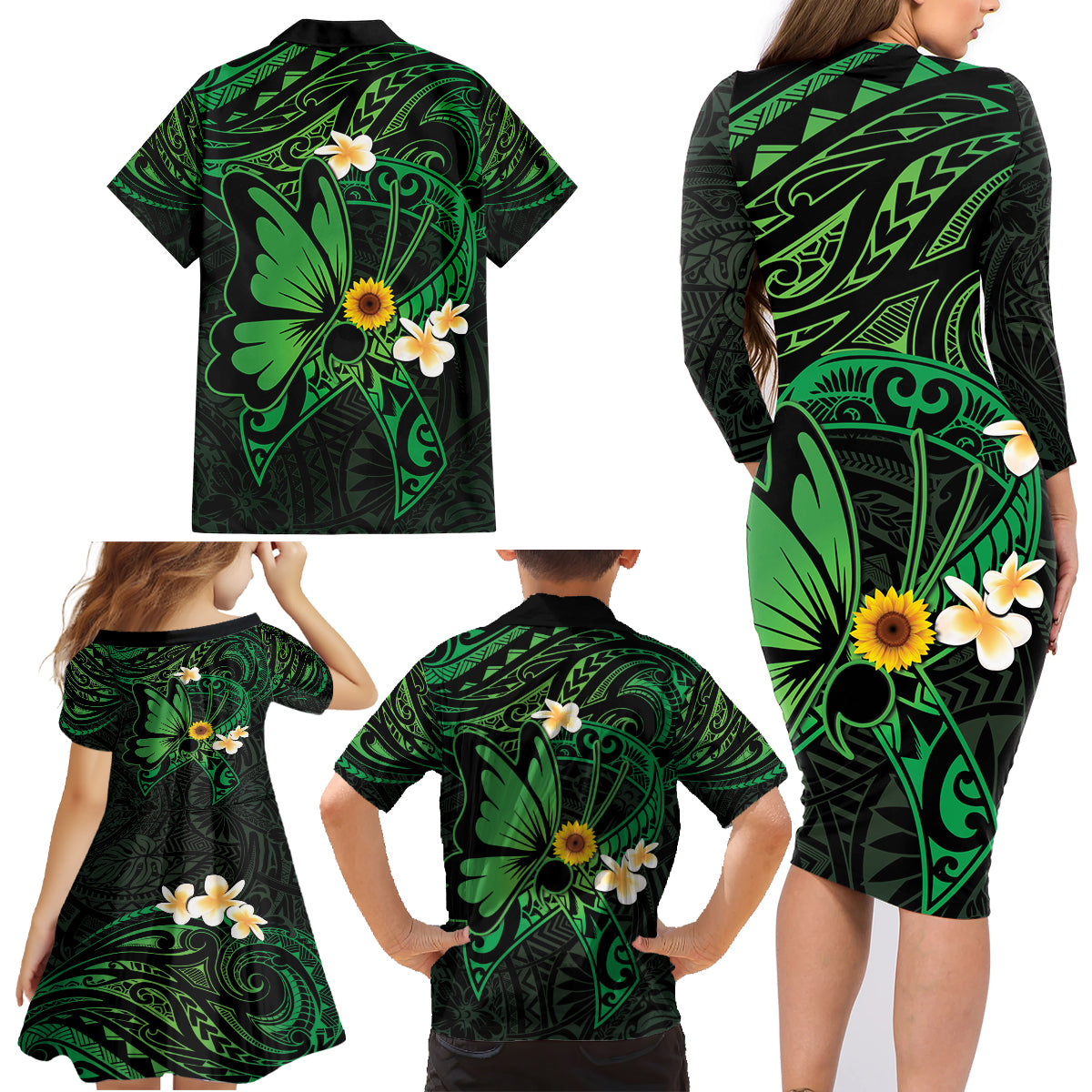Polynesia Mental Health Awareness Family Matching Long Sleeve Bodycon Dress and Hawaiian Shirt Green Ribbon Be Kind To Your Mind LT14 - Polynesian Pride