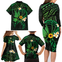 Polynesia Mental Health Awareness Family Matching Long Sleeve Bodycon Dress and Hawaiian Shirt Green Ribbon Be Kind To Your Mind LT14 - Polynesian Pride