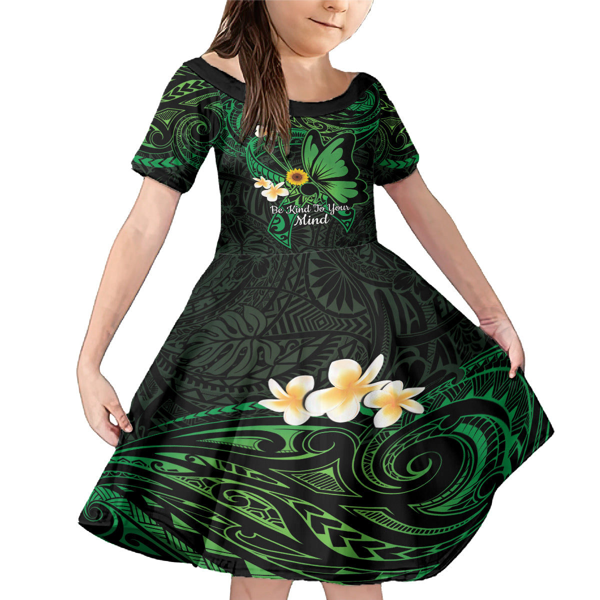 Polynesia Mental Health Awareness Family Matching Mermaid Dress and Hawaiian Shirt Green Ribbon Be Kind To Your Mind LT14 Daughter's Dress Green - Polynesian Pride