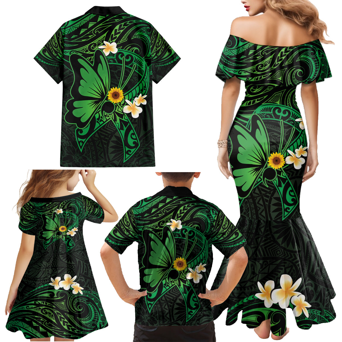Polynesia Mental Health Awareness Family Matching Mermaid Dress and Hawaiian Shirt Green Ribbon Be Kind To Your Mind LT14 - Polynesian Pride