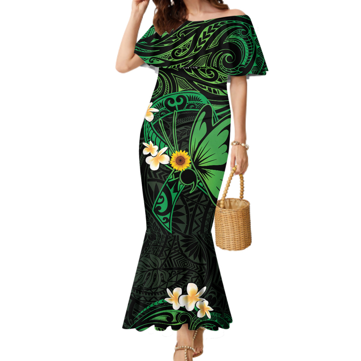 Polynesia Mental Health Awareness Family Matching Mermaid Dress and Hawaiian Shirt Green Ribbon Be Kind To Your Mind LT14 Mom's Dress Green - Polynesian Pride