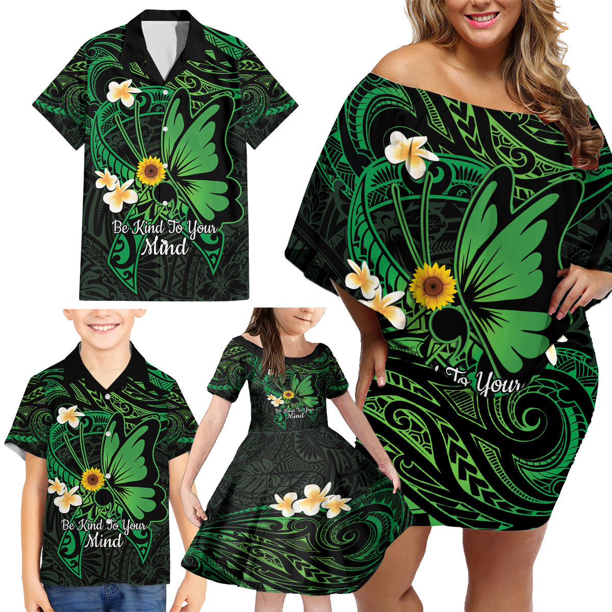 Polynesia Mental Health Awareness Family Matching Off Shoulder Short Dress and Hawaiian Shirt Green Ribbon Be Kind To Your Mind LT14 - Polynesian Pride