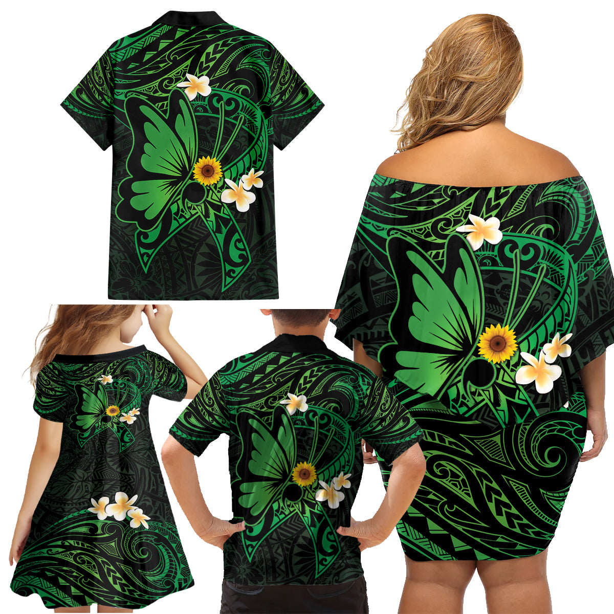 Polynesia Mental Health Awareness Family Matching Off Shoulder Short Dress and Hawaiian Shirt Green Ribbon Be Kind To Your Mind LT14 - Polynesian Pride