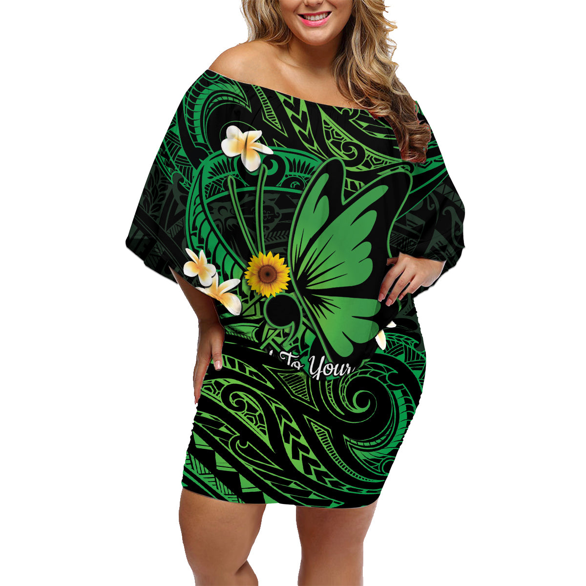 Polynesia Mental Health Awareness Family Matching Off Shoulder Short Dress and Hawaiian Shirt Green Ribbon Be Kind To Your Mind LT14 Mom's Dress Green - Polynesian Pride