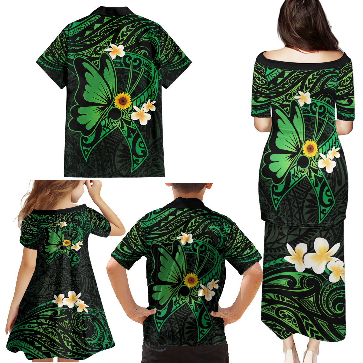 Polynesia Mental Health Awareness Family Matching Puletasi and Hawaiian Shirt Green Ribbon Be Kind To Your Mind LT14 - Polynesian Pride