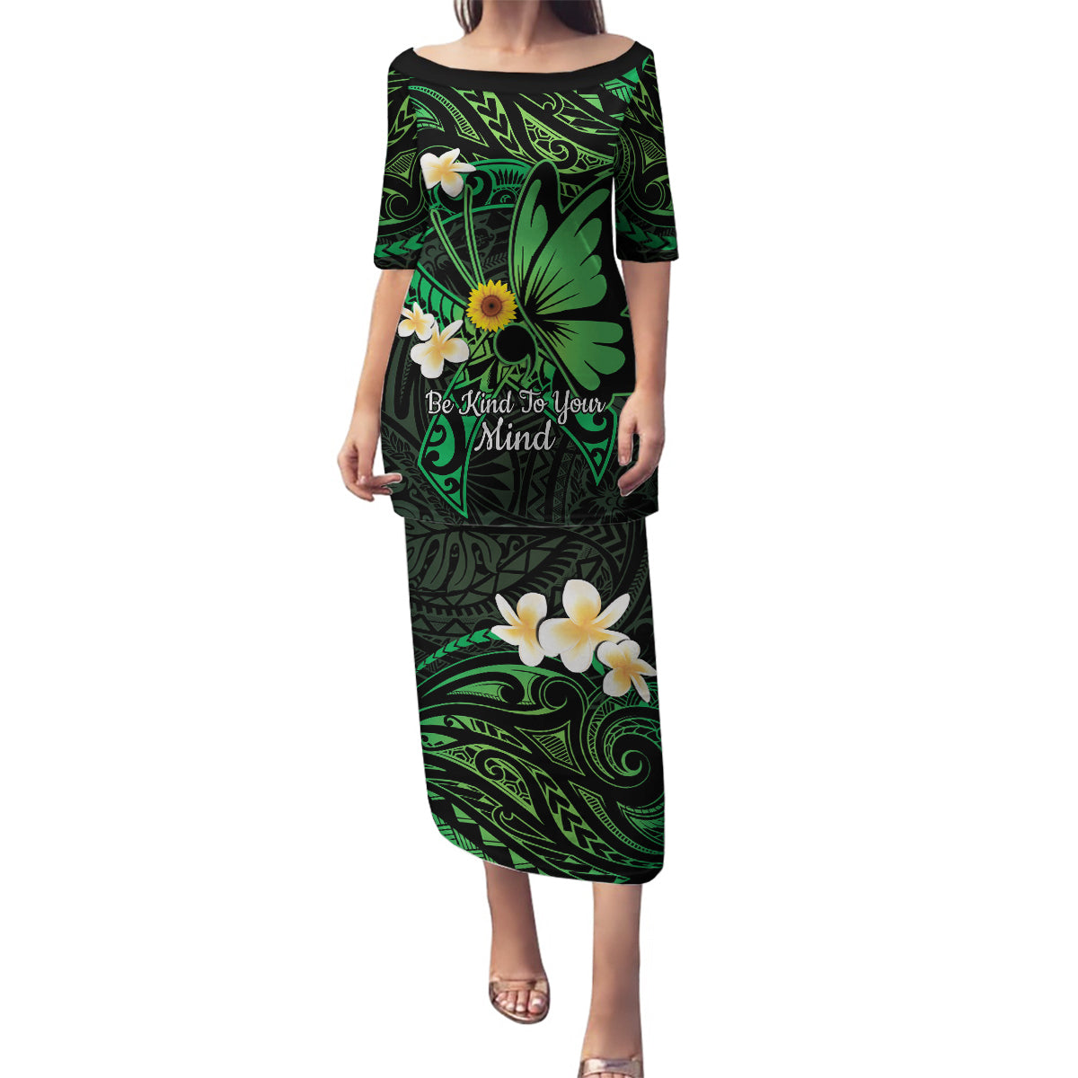 Polynesia Mental Health Awareness Family Matching Puletasi and Hawaiian Shirt Green Ribbon Be Kind To Your Mind LT14 Mom's Dress Green - Polynesian Pride