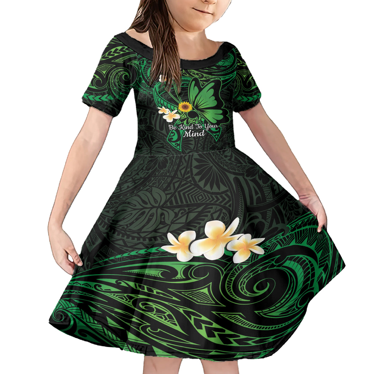 Polynesia Mental Health Awareness Family Matching Short Sleeve Bodycon Dress and Hawaiian Shirt Green Ribbon Be Kind To Your Mind LT14 Daughter's Dress Green - Polynesian Pride