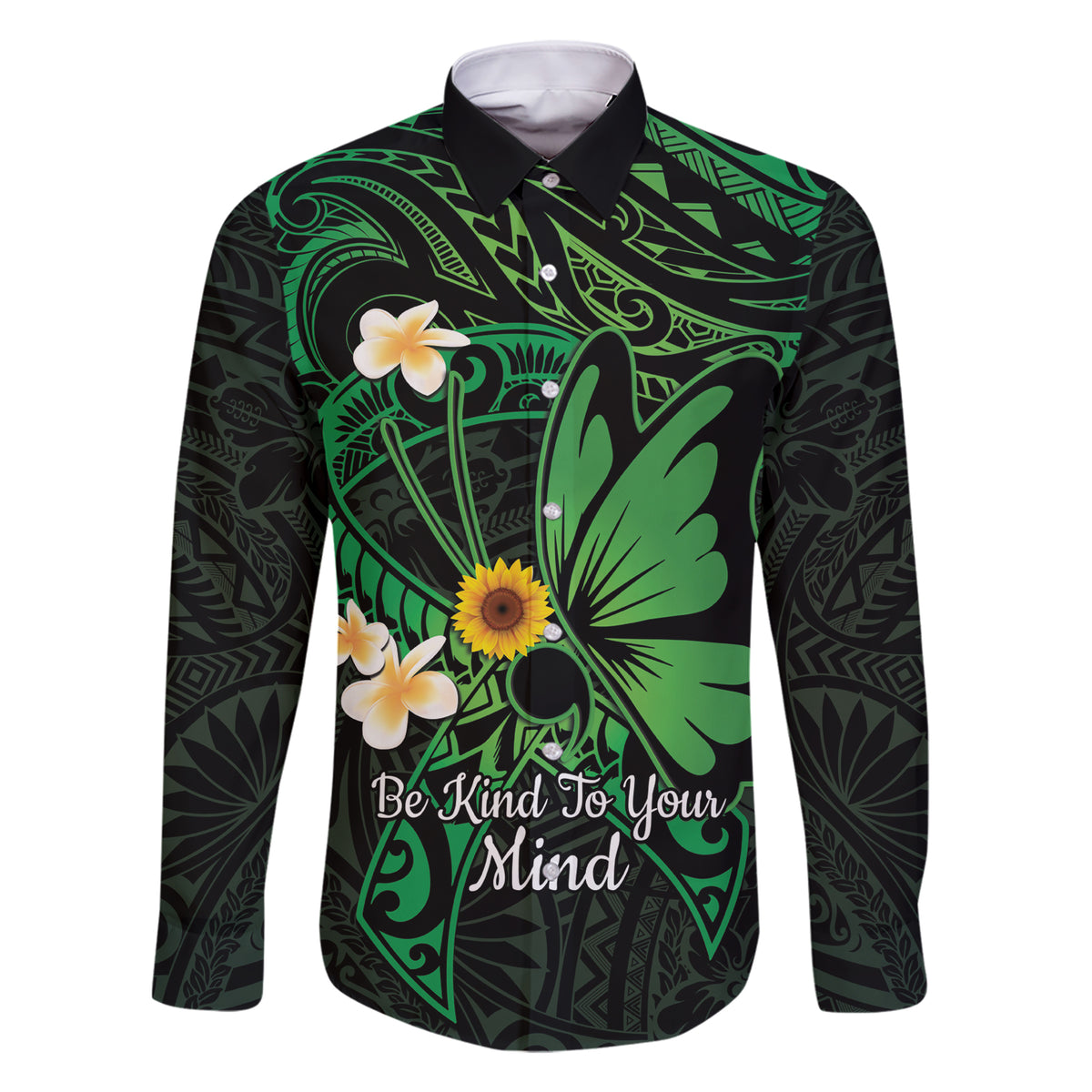 Polynesia Mental Health Awareness Family Matching Short Sleeve Bodycon Dress and Hawaiian Shirt Green Ribbon Be Kind To Your Mind LT14 Dad's Shirt - Long Sleeve Green - Polynesian Pride