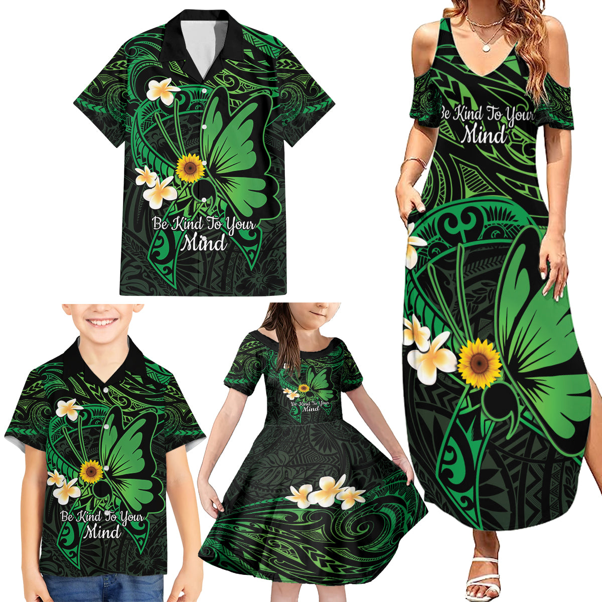 Polynesia Mental Health Awareness Family Matching Summer Maxi Dress and Hawaiian Shirt Green Ribbon Be Kind To Your Mind LT14 - Polynesian Pride