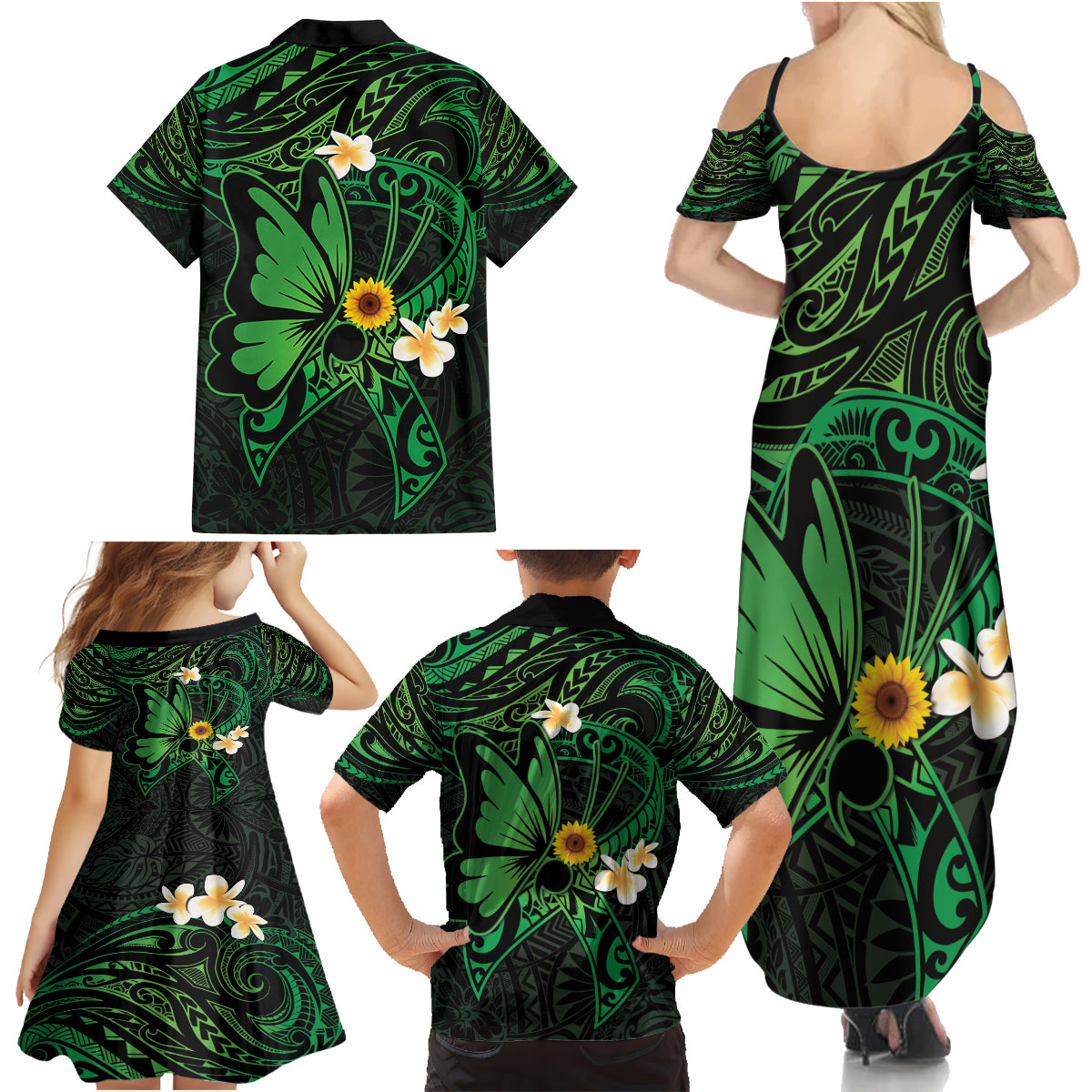 Polynesia Mental Health Awareness Family Matching Summer Maxi Dress and Hawaiian Shirt Green Ribbon Be Kind To Your Mind LT14 - Polynesian Pride