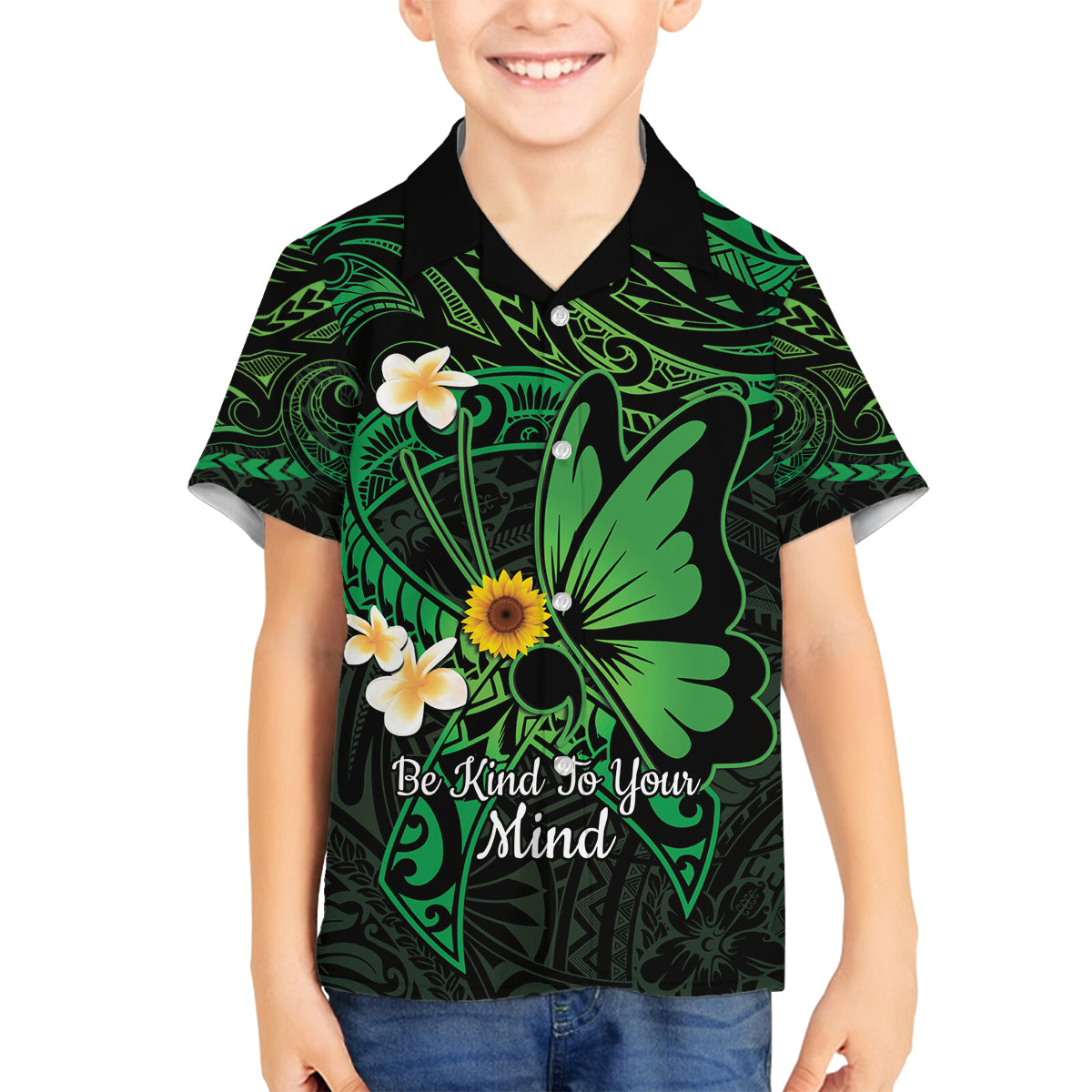 Polynesia Mental Health Awareness Family Matching Summer Maxi Dress and Hawaiian Shirt Green Ribbon Be Kind To Your Mind LT14 Son's Shirt Green - Polynesian Pride