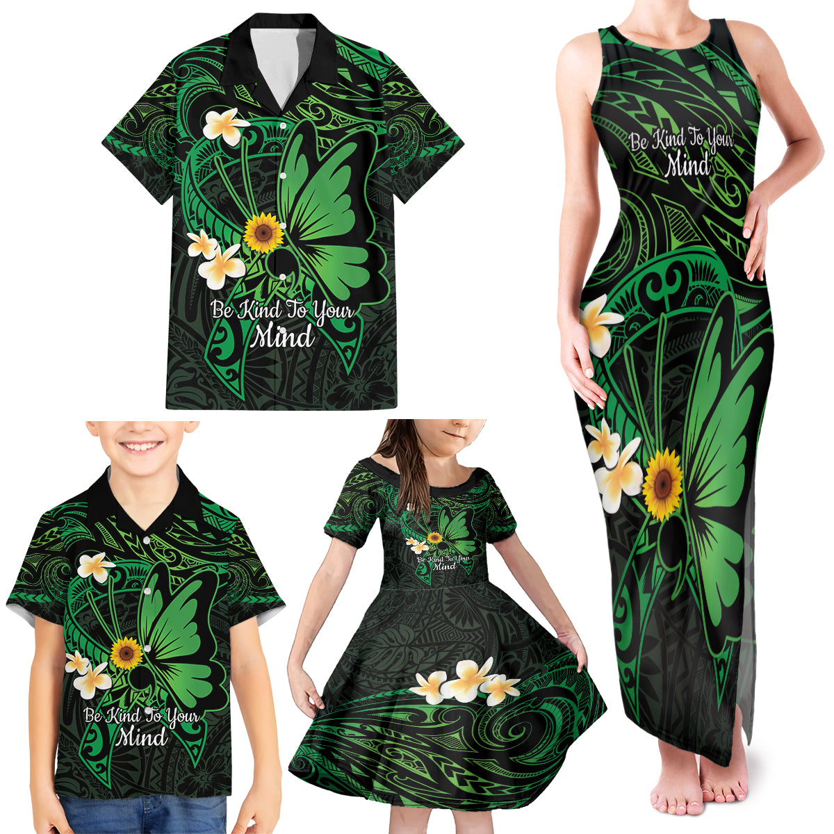 Polynesia Mental Health Awareness Family Matching Tank Maxi Dress and Hawaiian Shirt Green Ribbon Be Kind To Your Mind LT14 - Polynesian Pride
