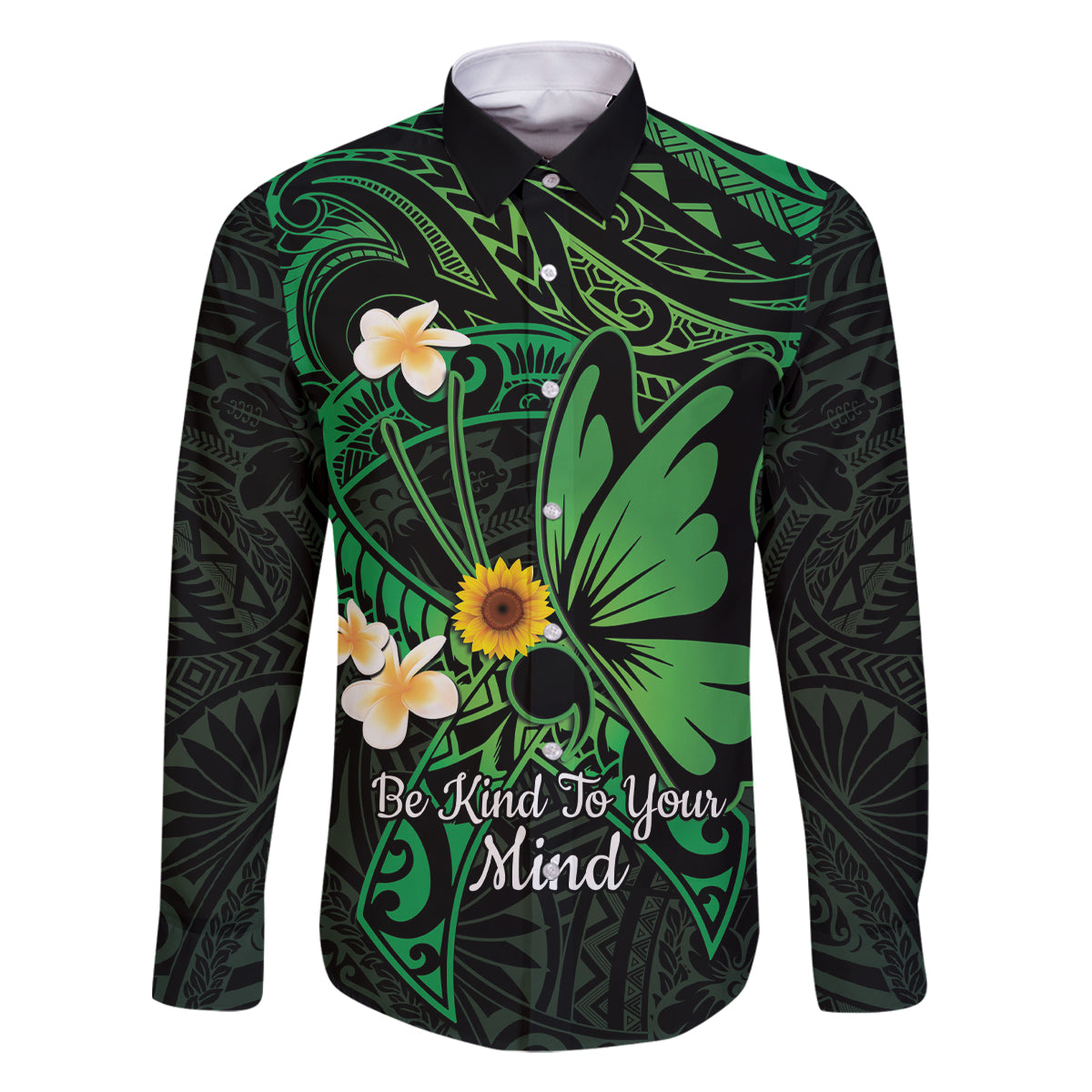 Polynesia Mental Health Awareness Family Matching Tank Maxi Dress and Hawaiian Shirt Green Ribbon Be Kind To Your Mind LT14 Dad's Shirt - Long Sleeve Green - Polynesian Pride