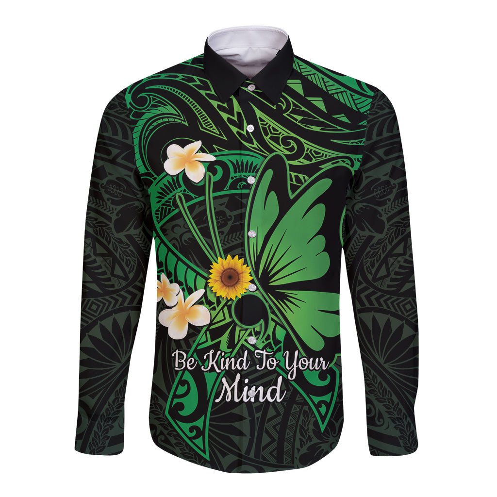 Polynesia Mental Health Awareness Long Sleeve Button Shirt Green Ribbon Be Kind To Your Mind LT14 Unisex Green - Polynesian Pride