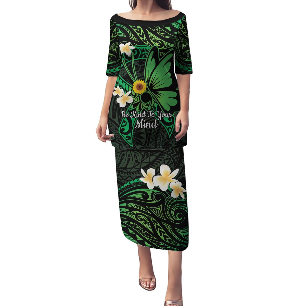 Polynesia Mental Health Awareness Puletasi Green Ribbon Be Kind To Your Mind LT14 Long Dress Green - Polynesian Pride