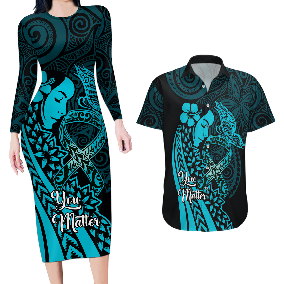 Polynesia World Ovarian Cancer Day Couples Matching Long Sleeve Bodycon Dress and Hawaiian Shirt You Matter Polynesian Women LT14 Teal - Polynesian Pride