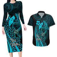 Polynesia World Ovarian Cancer Day Couples Matching Long Sleeve Bodycon Dress and Hawaiian Shirt You Matter Polynesian Women LT14 Teal - Polynesian Pride